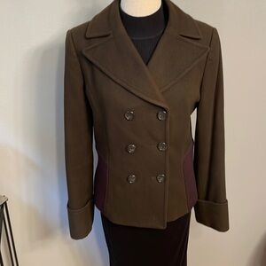 Tahari Arthur S. Levine Womens Brown Double Breasted Knit Panel Peacoat Size 6